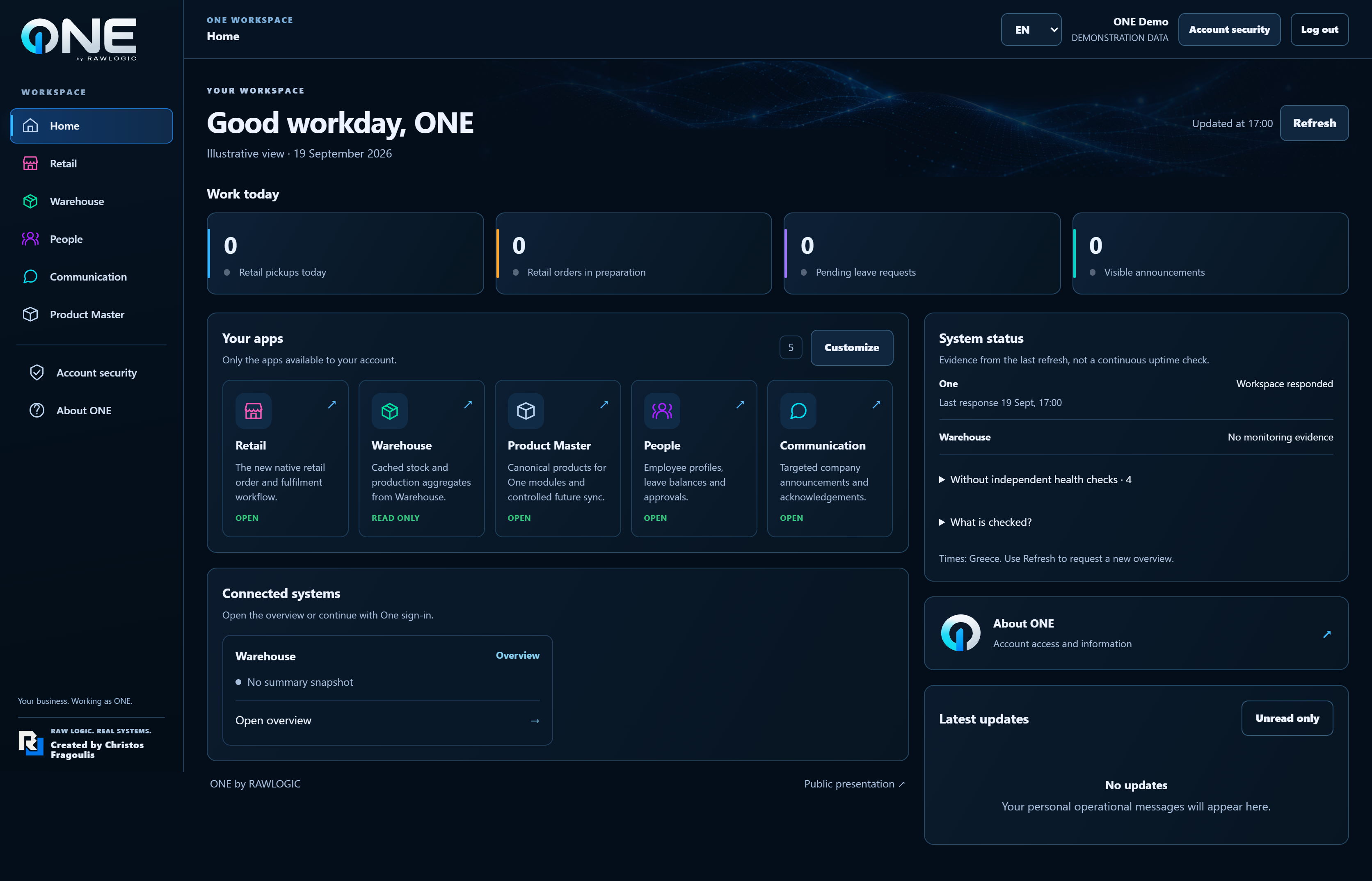 Core ONE Home with a fictional demo user and five store apps: Retail, Warehouse, Products, People and Communication.