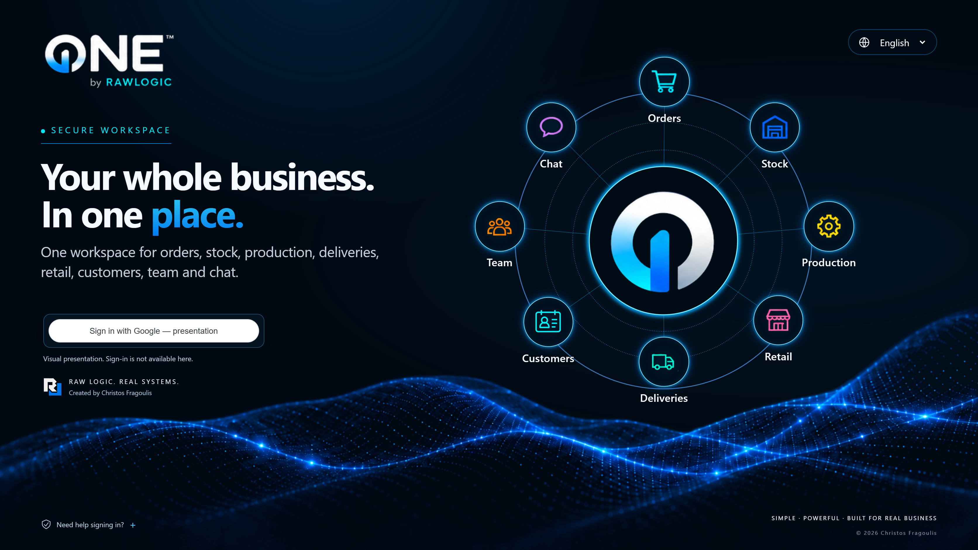 New ONE by RAWLOGIC entry screen with the O/1 mark and orbital arrangement of work areas. Visual presentation of the 19 September 2026 interface, without sign-in functionality.