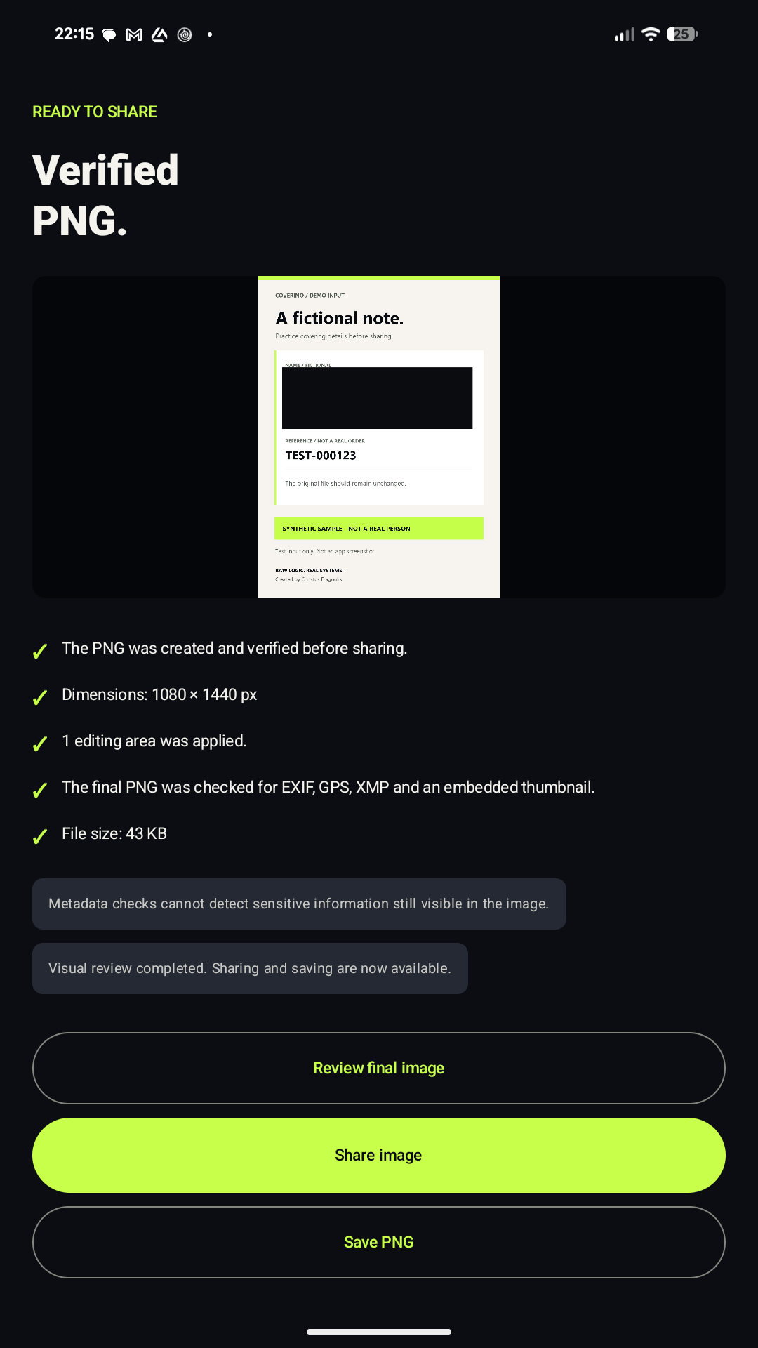Coverino result screen in English with PNG checks and visual-review confirmation.