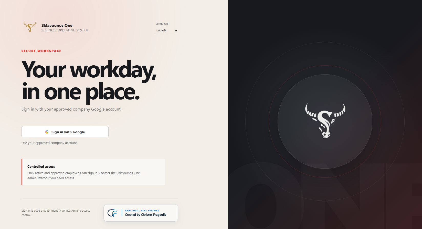 The public secure-login screen of Sklavounos One with the secondary RAW LOGIC creator signature